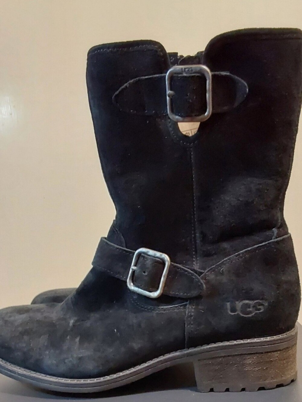 UGG Black Suede Buckle Mid-Calf Boots side Zipper CHANEY Women's Size 6.5